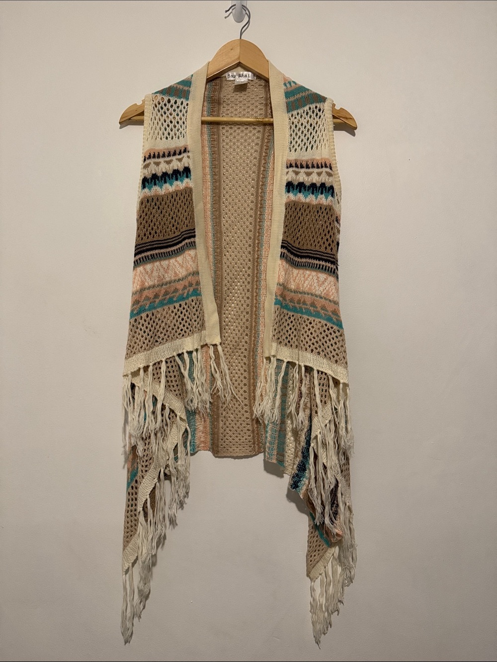 Say What? Open Front Waterfall boho Cardigan Sleeveless Aztec Print Fringe S